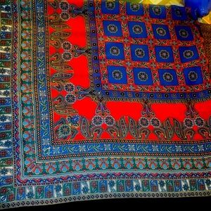 Jim Renoir Designer Signed Scarf Shawl large square fringe black border red blue